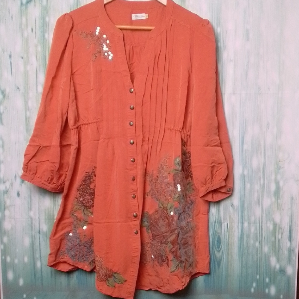 Tasha Polizzi Peach Button Down Tunic Embroidered With Sequins Large